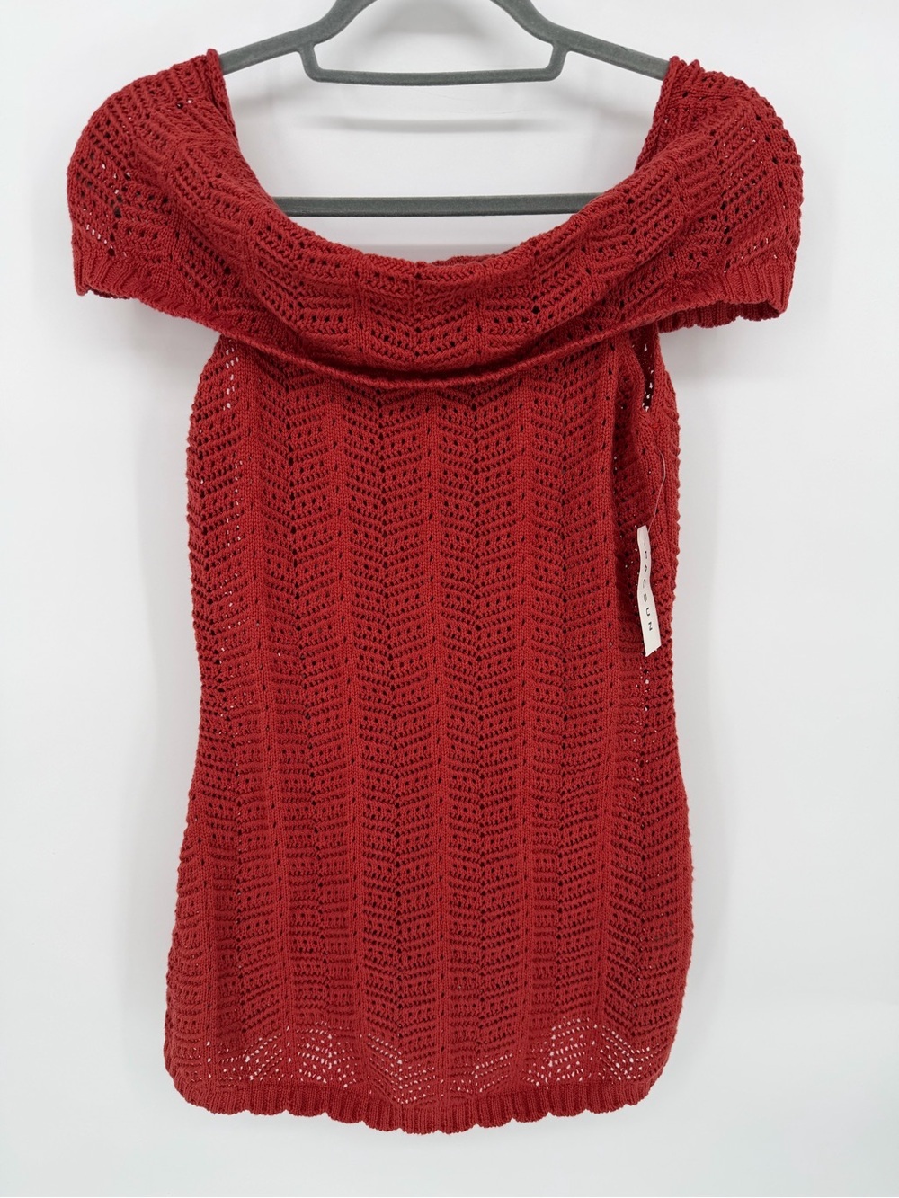 Third Charm Off-the-Shoulder Open-Knit Sweater Top - Red